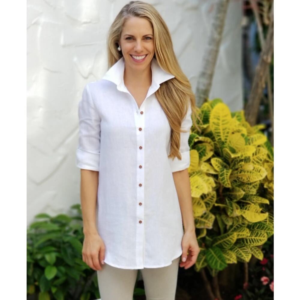 Poeta 100% Linen Navy Button Down Tunic Shirt XL Relaxed Coastal Minimal